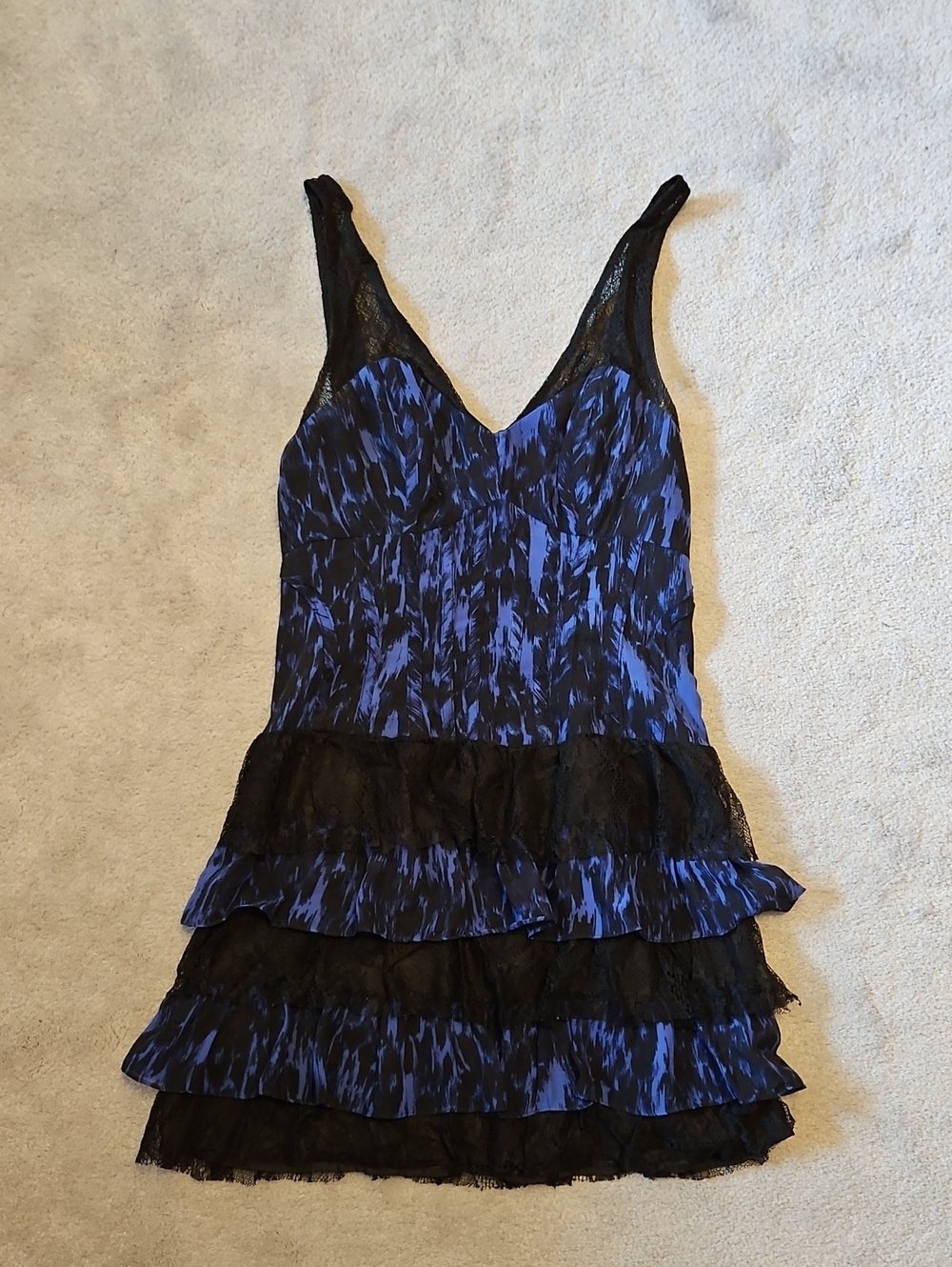 Guess Blue and Black Lace Tiered V-Neck Mini Dress